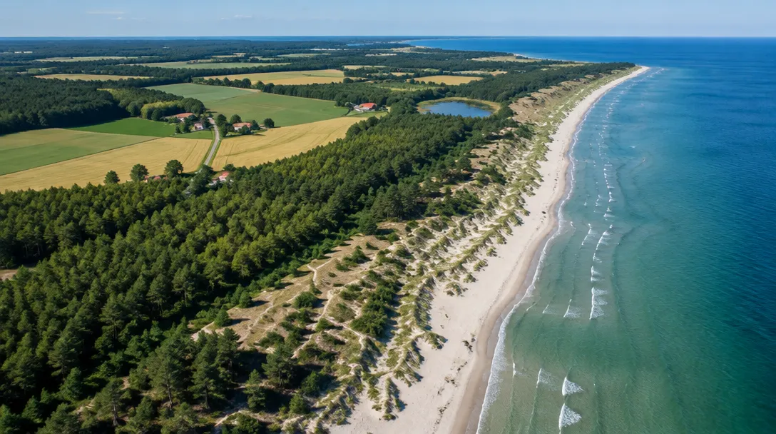 Flygfoto över en sandstrand med dyner, tallskog och åkrar innanför